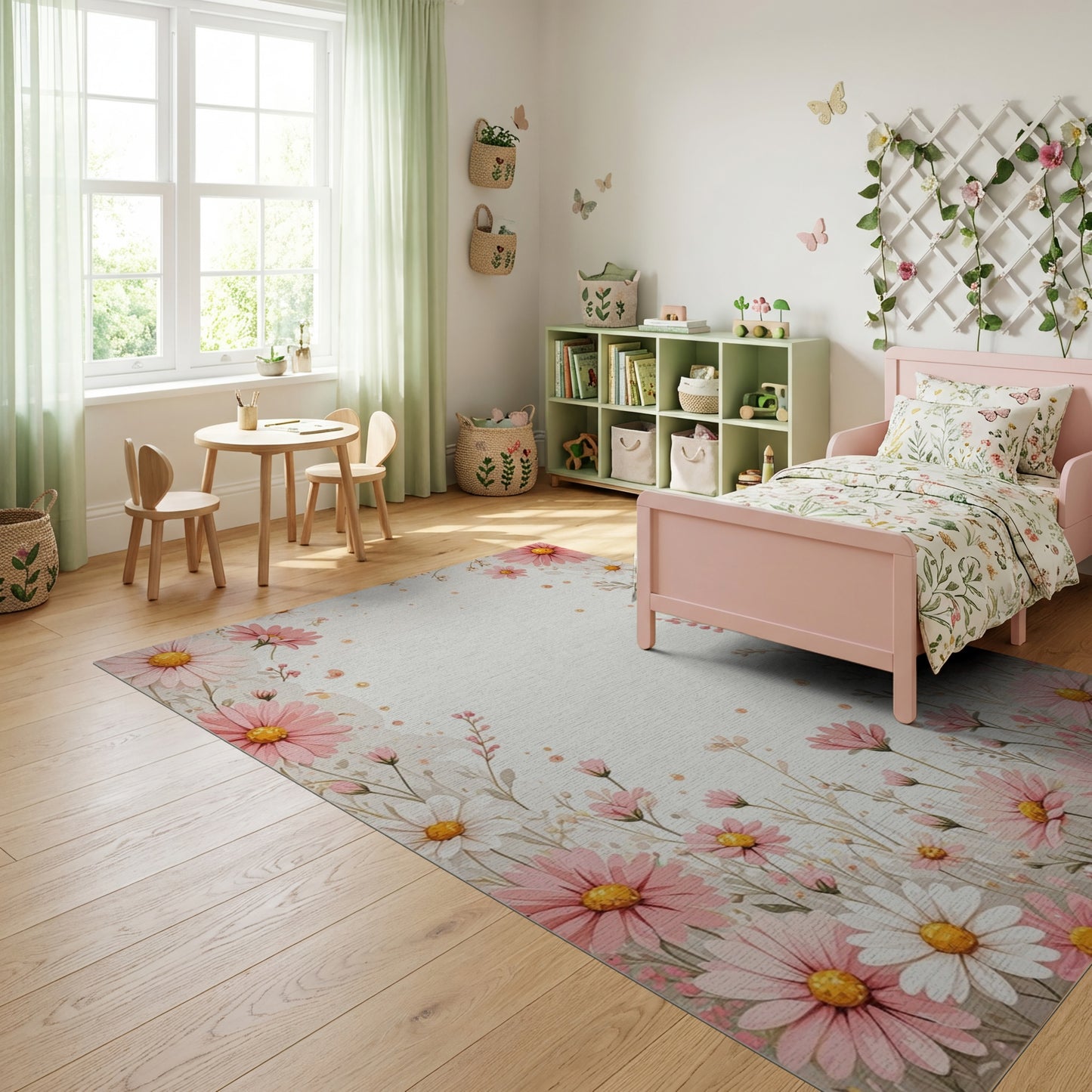 Delicate Pink White Daisy Border Rug