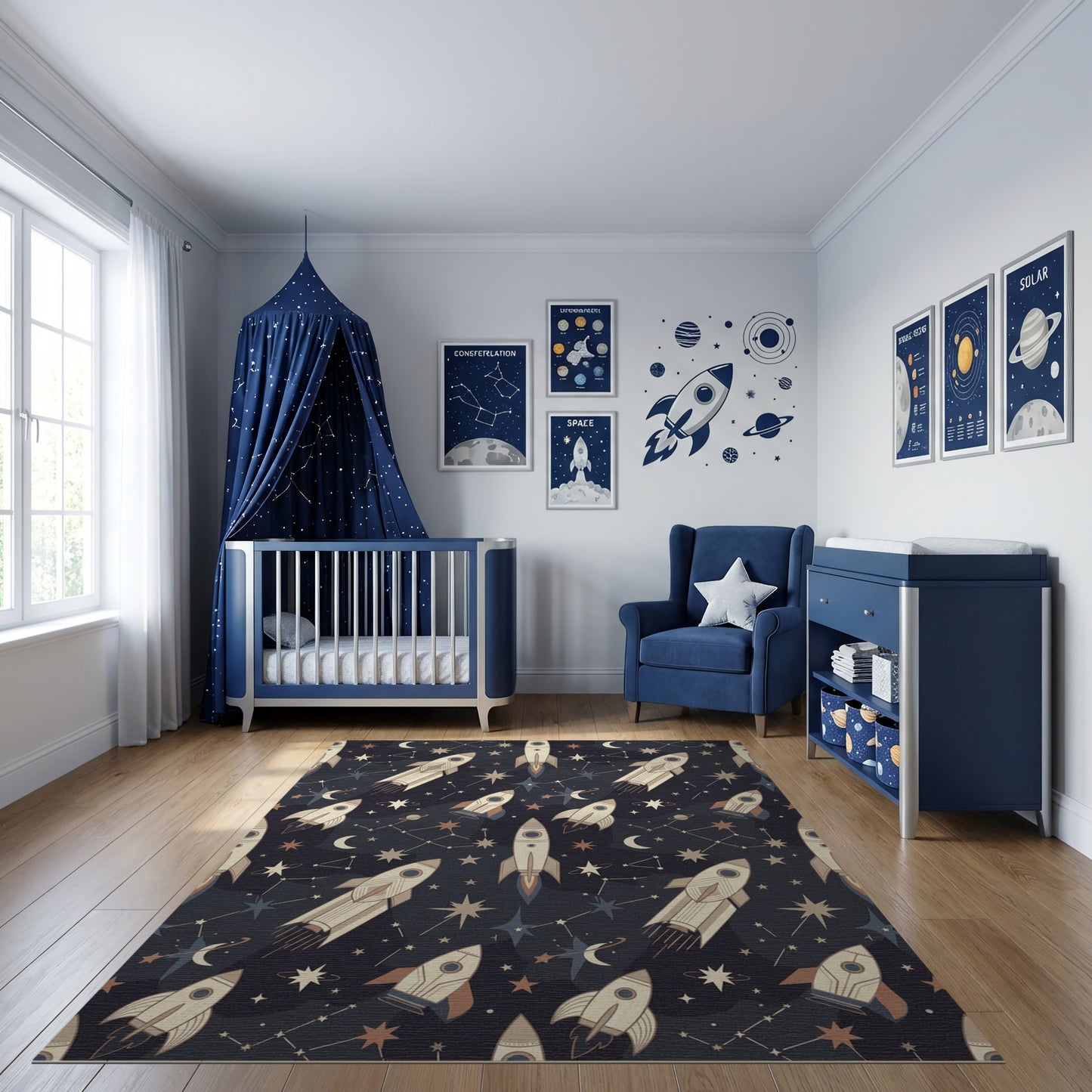 Starry Navy Rockets Crescent Moons Rug