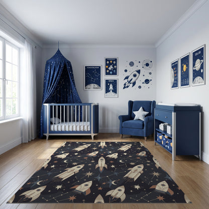 Starry Navy Rockets Crescent Moons Rug