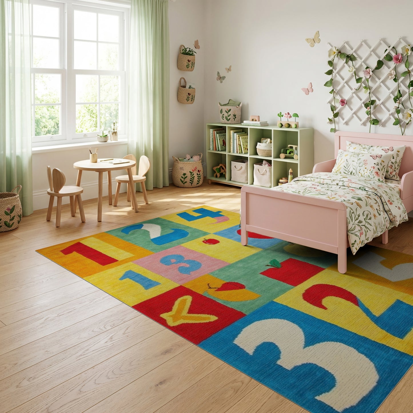 Playful Color Block Numbers Apples Rug