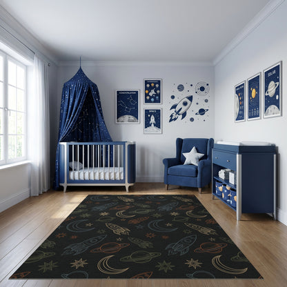 Cosmic Rockets Stars Moons Planets Rug
