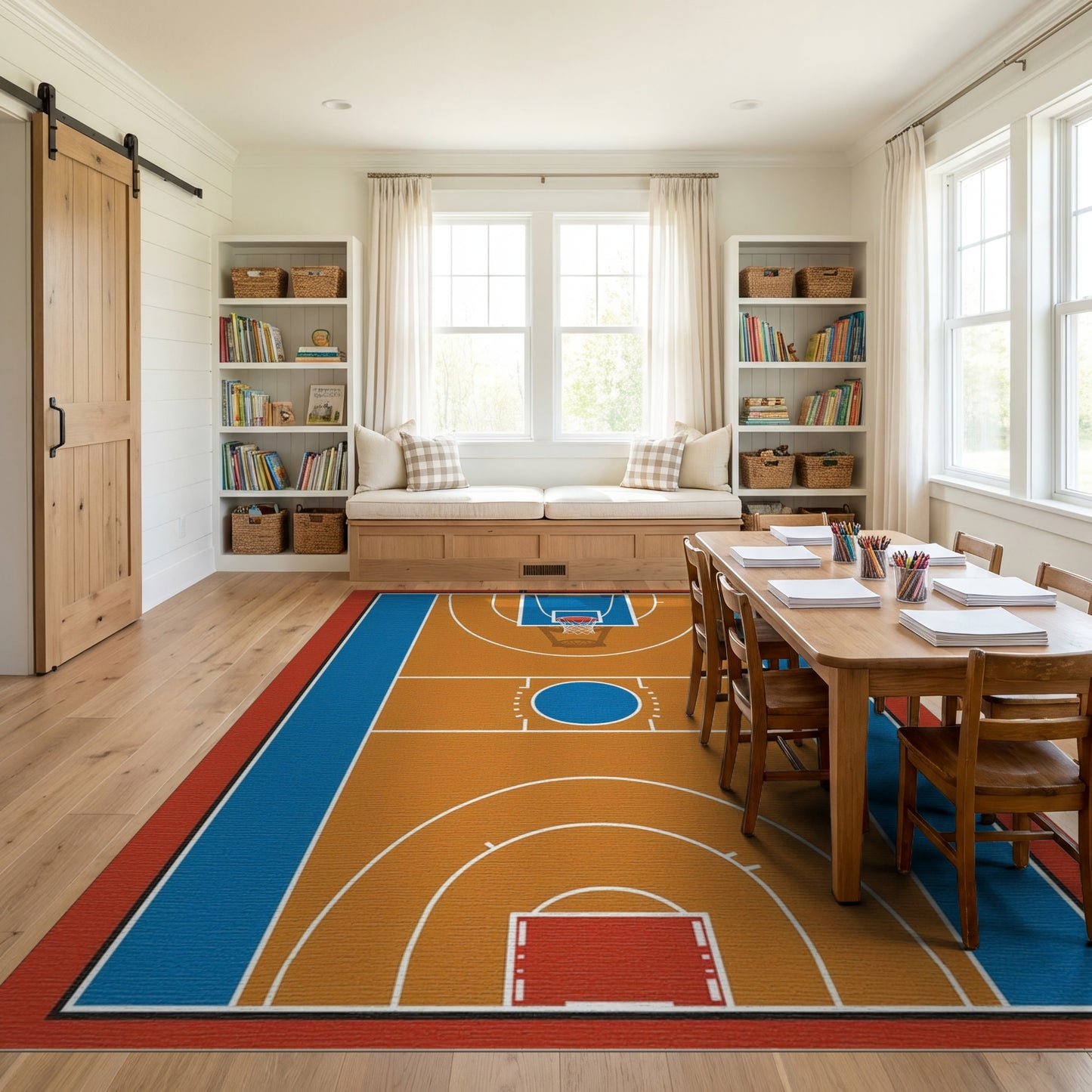 Bold Tan Blue Basketball Court Rug