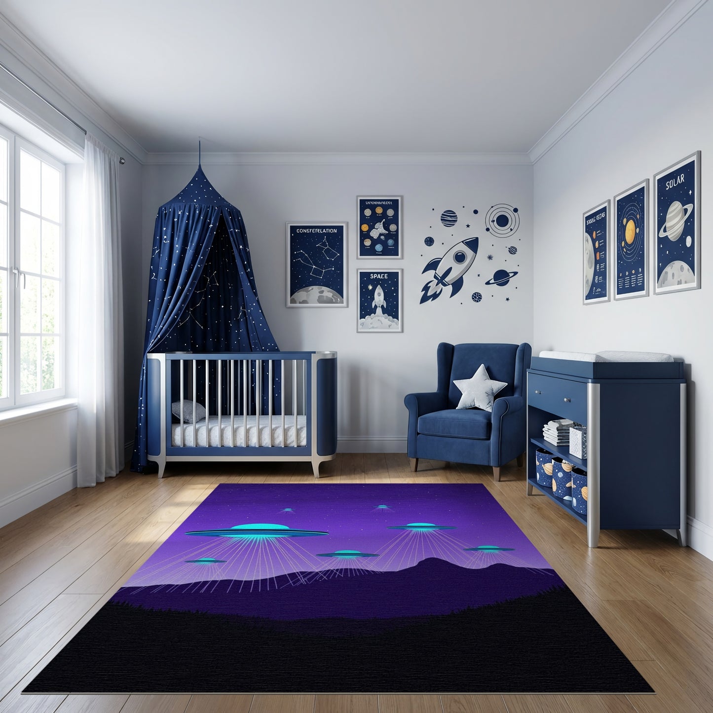 Neon Glowing UFOs Purple Mountains Rug