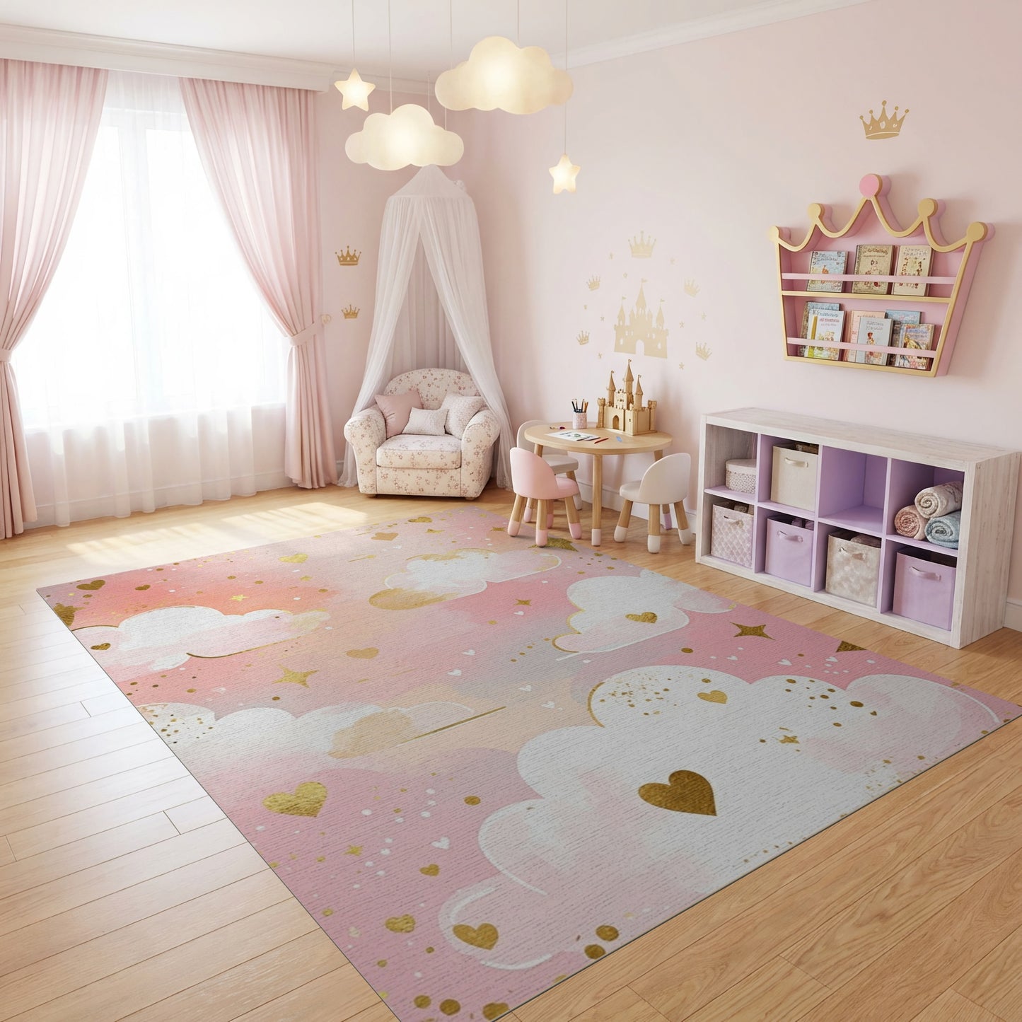 Whimsical Pink Clouds Hearts Stars Rug