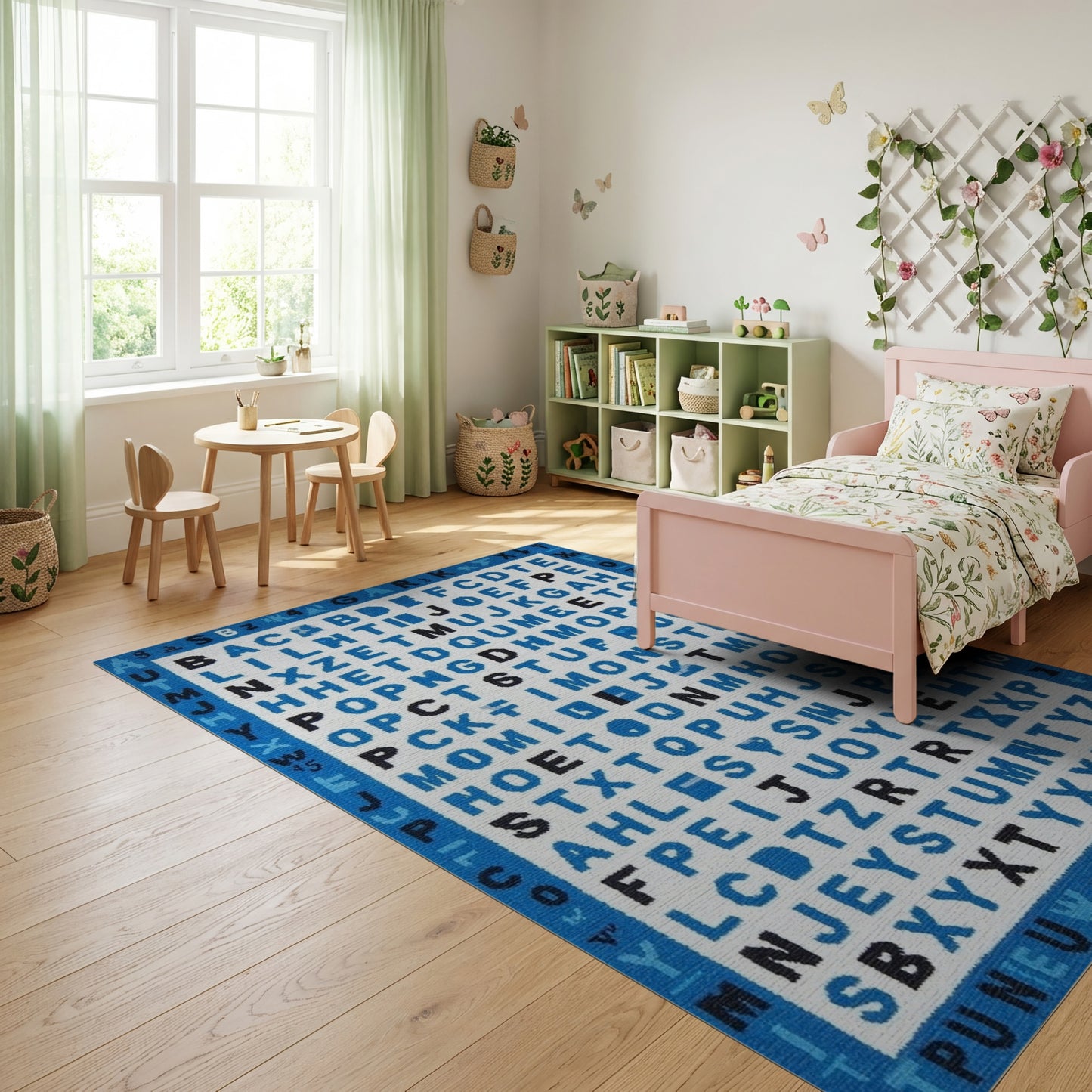 Playful Blue Alphabet Grid Rug