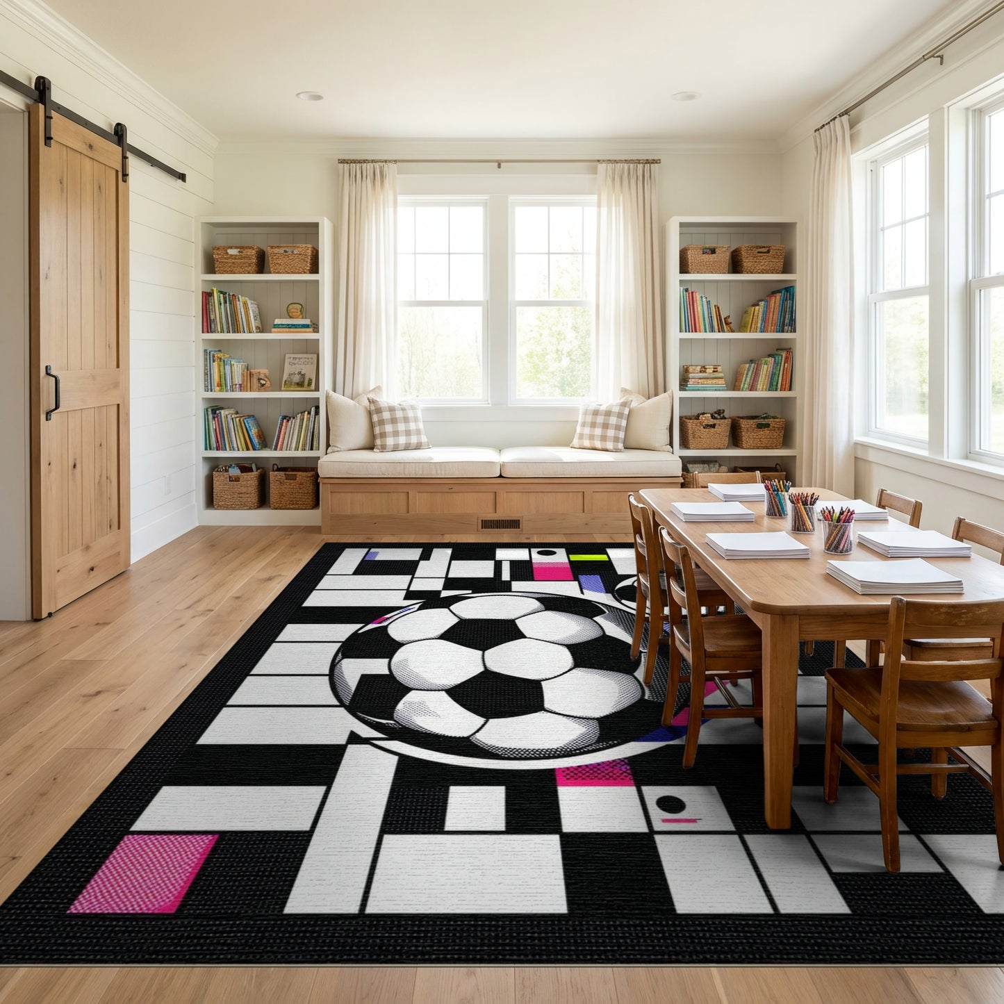 Colorful Geometric Soccer Balls Rug