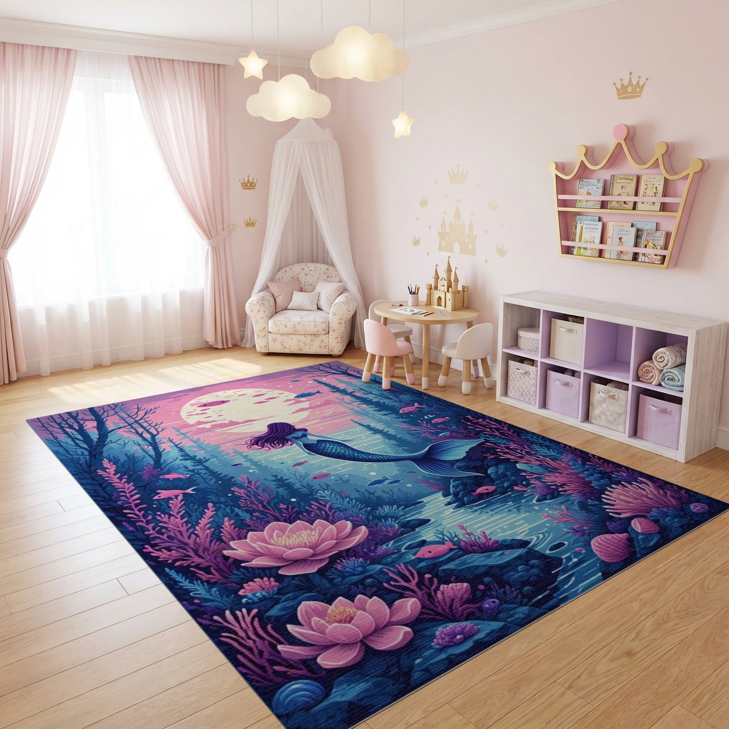 Mystical Mermaid Moonlit Lotus Forest Rug