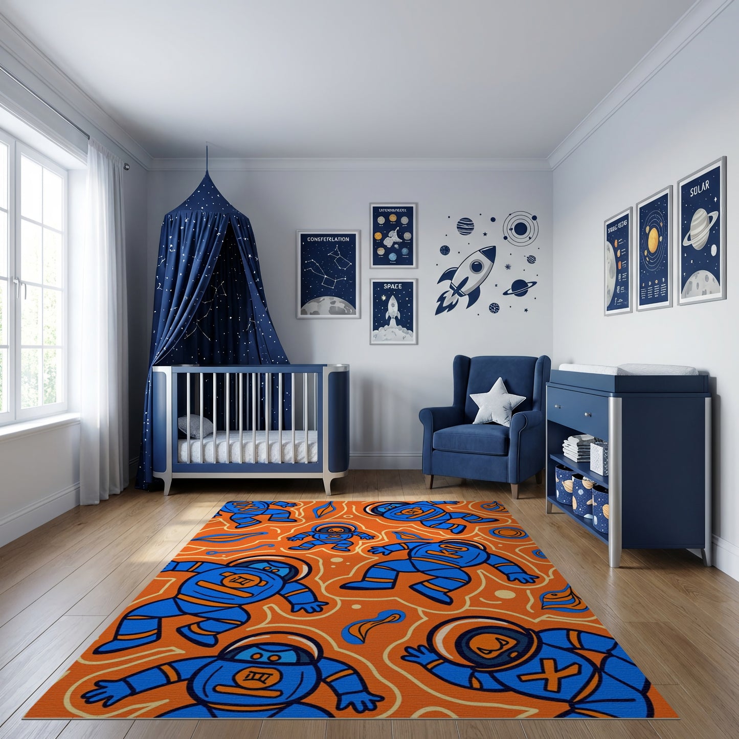 Playful Blue Astronauts Vibrant Orange Rug