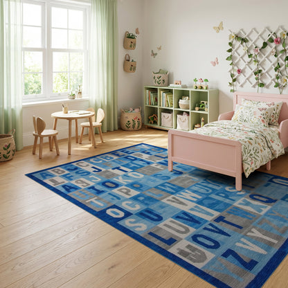 Navy Blue Alphabet Grid Rug