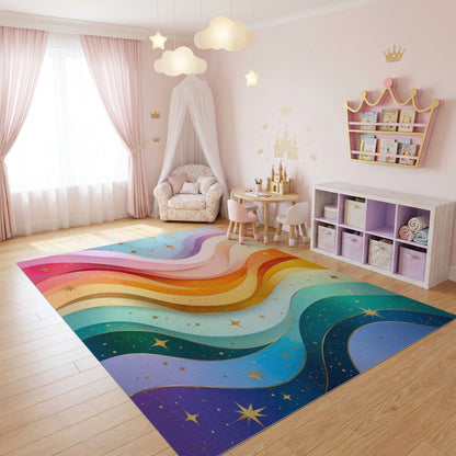 Vibrant Wavy Rainbow Stars Rug