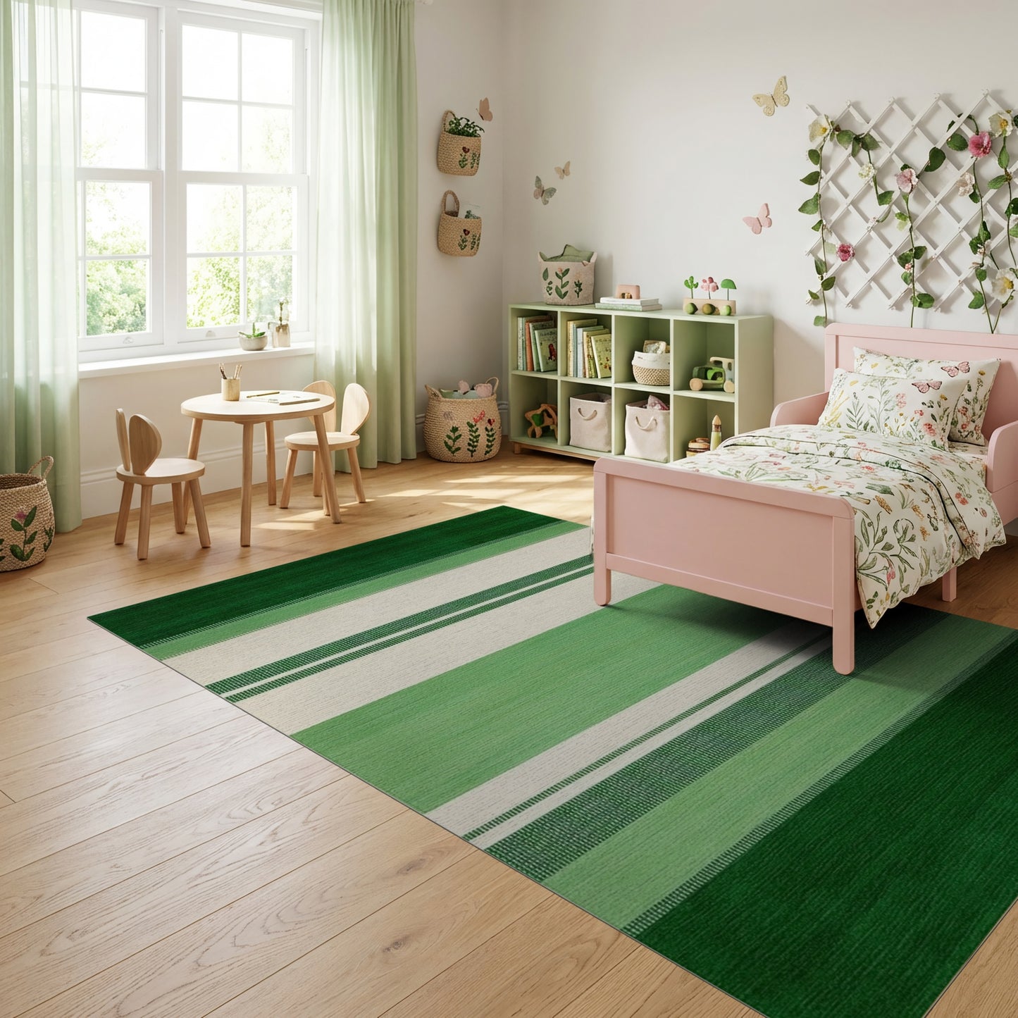 Vibrant Green and Cream Striped Rug