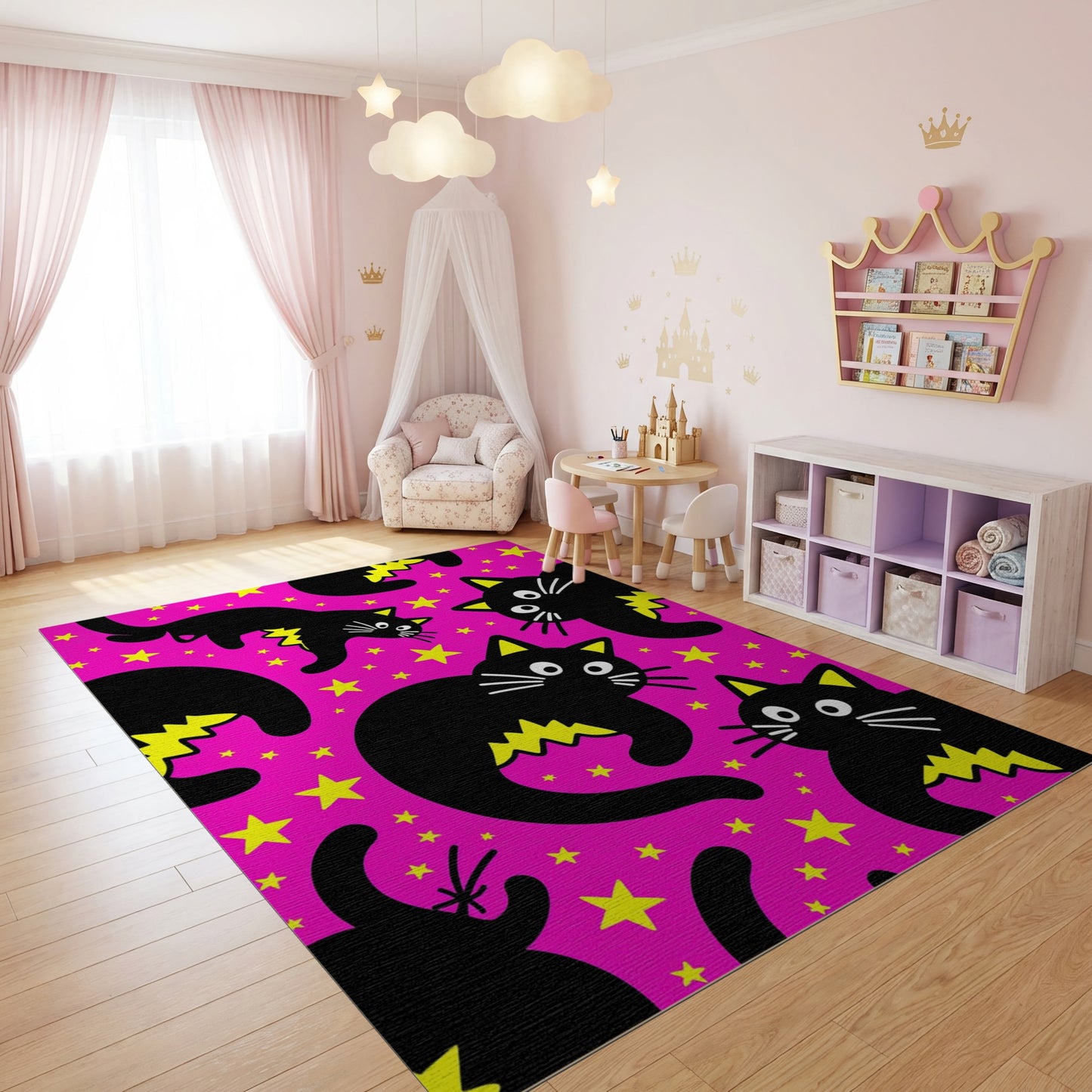 Whimsical Black Cats Stars Lightning Pink Rug