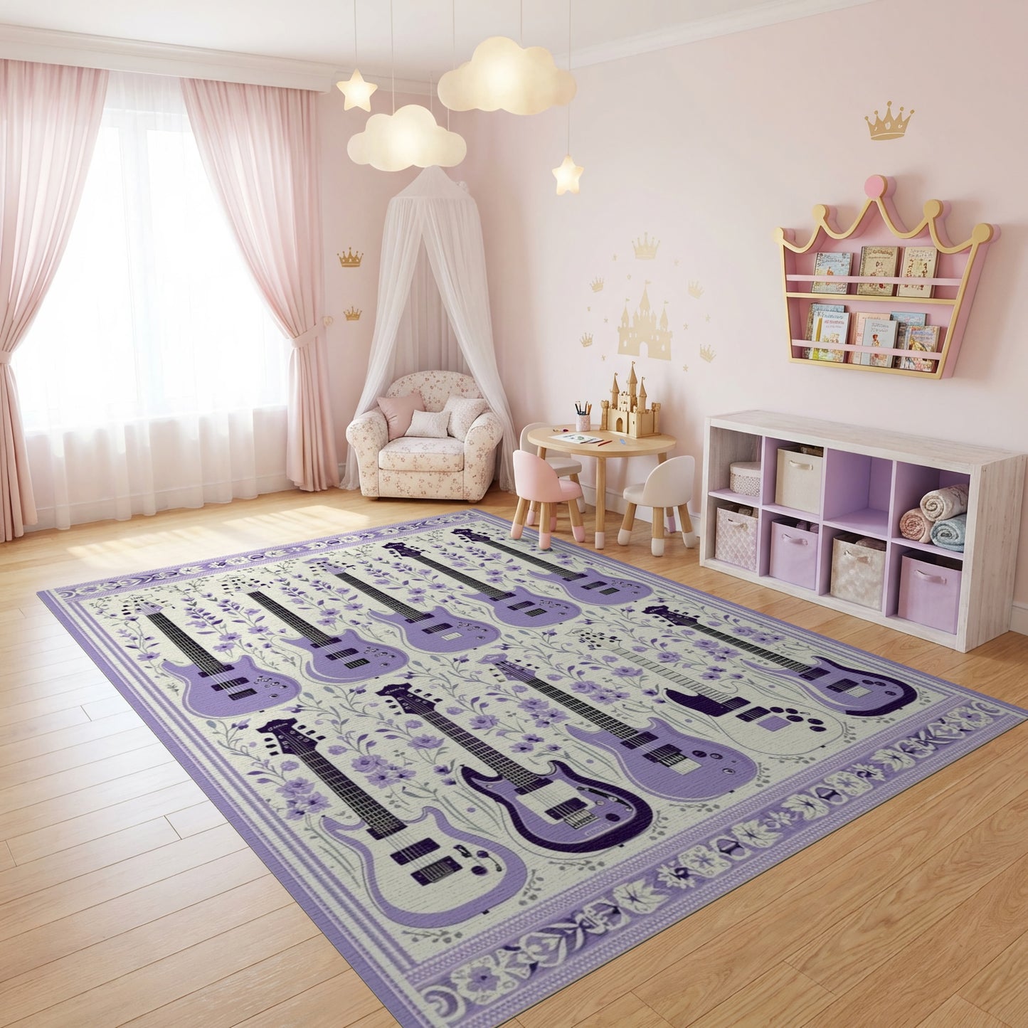 Purple Electric Guitars Floral Rug