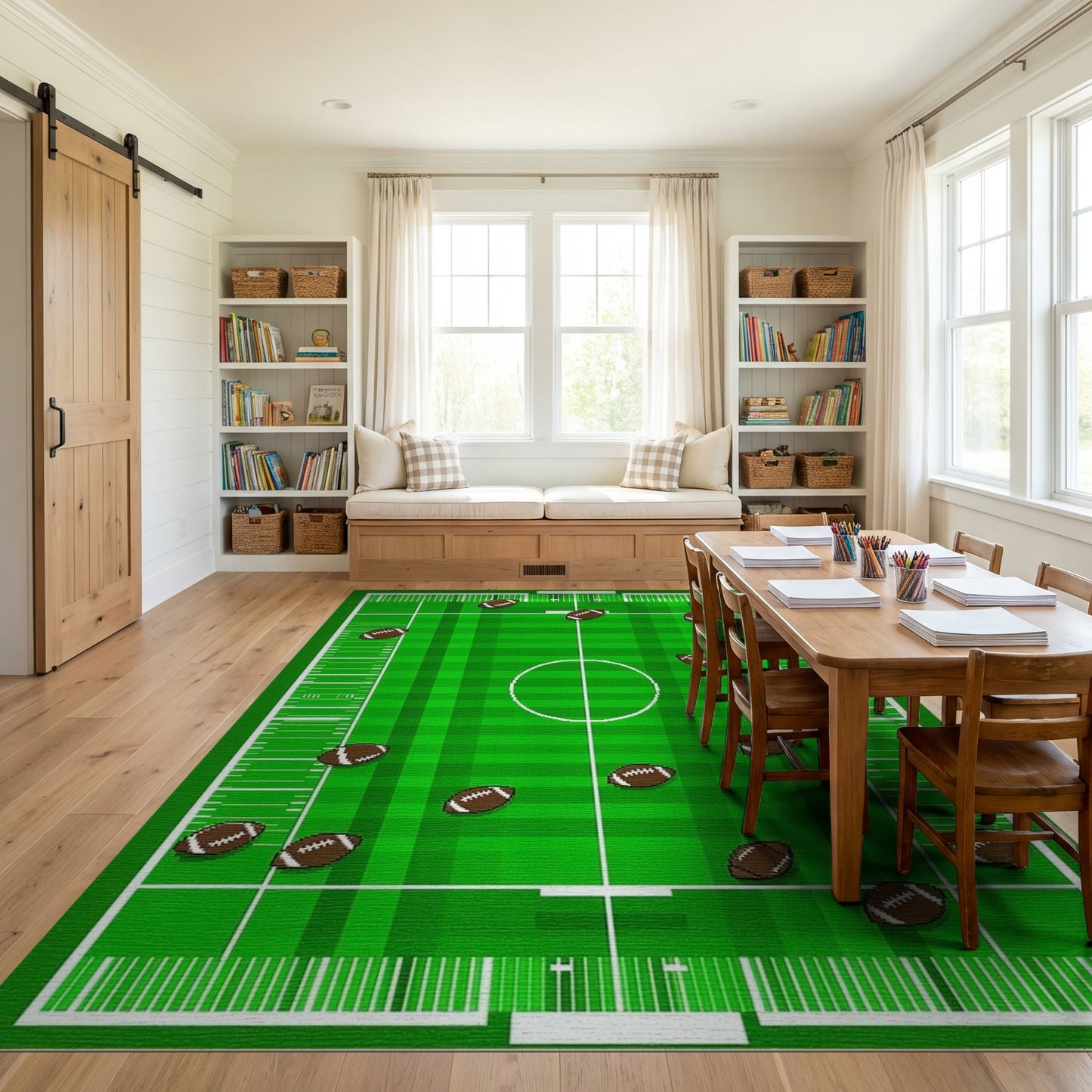 Green Scattered Footballs Gridiron Pattern Rug