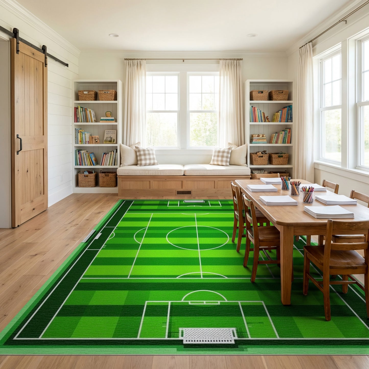 Bold Green Soccer Field Lines Rug