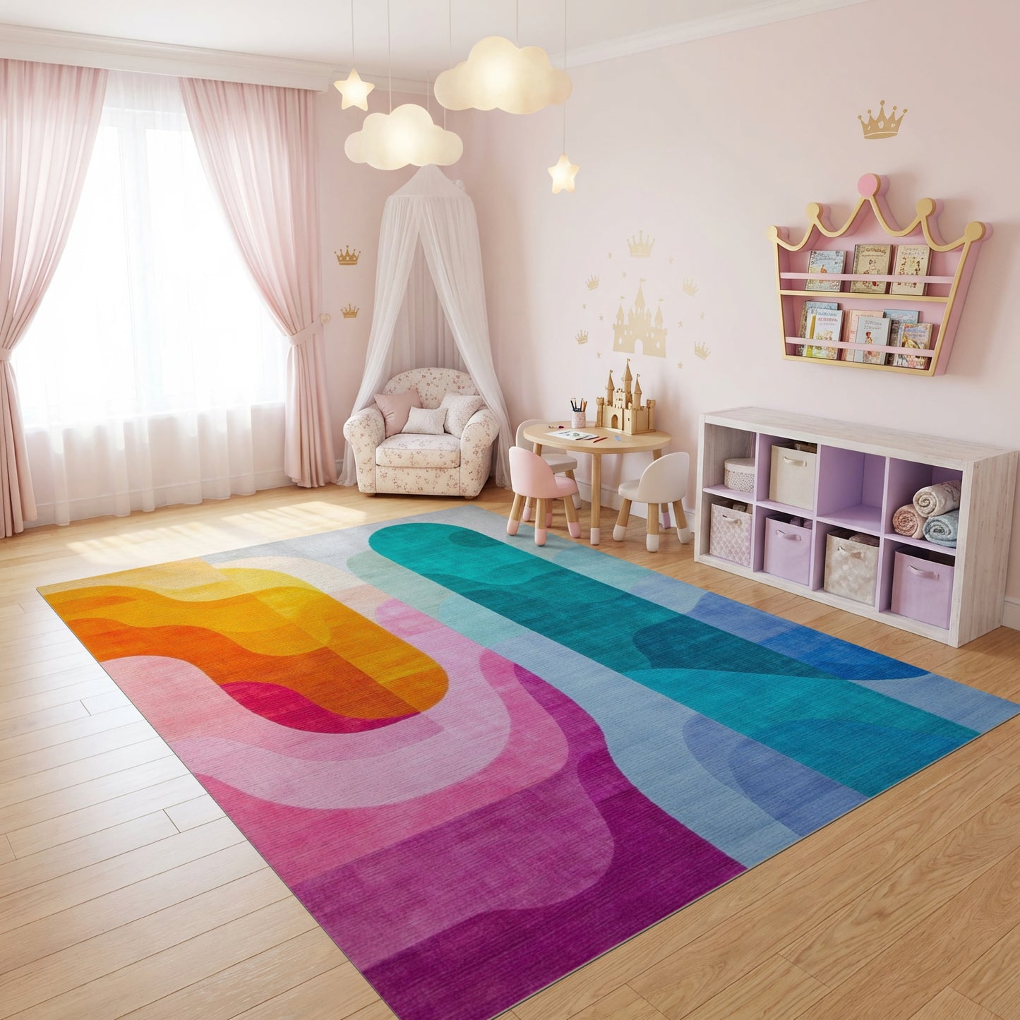 Vibrant Orange Teal Wavy Abstract Rug