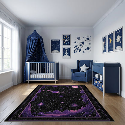 Cosmic Purple Starry Ringed Planet Rug