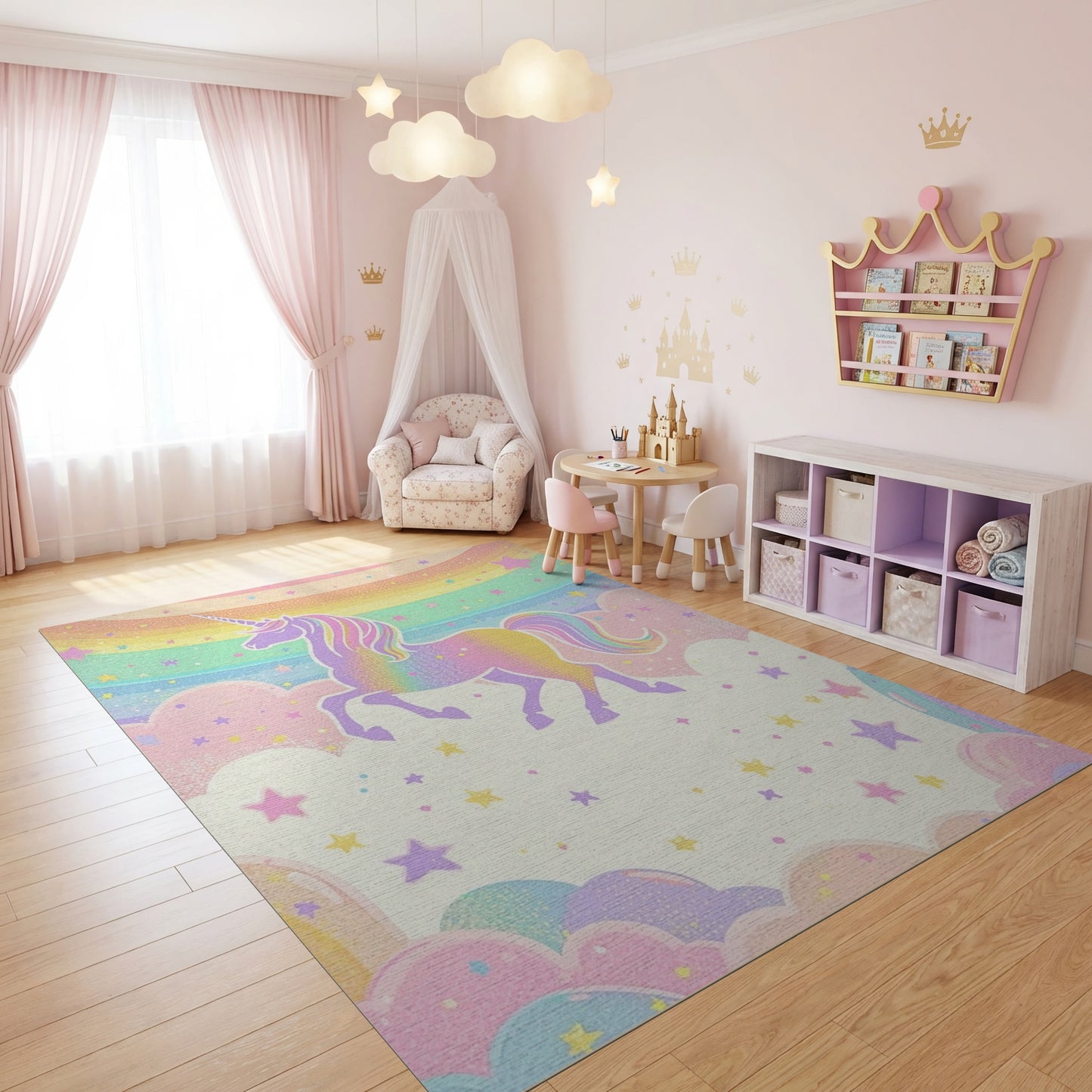 Whimsical Unicorn Rainbow Stars Clouds Rug 2