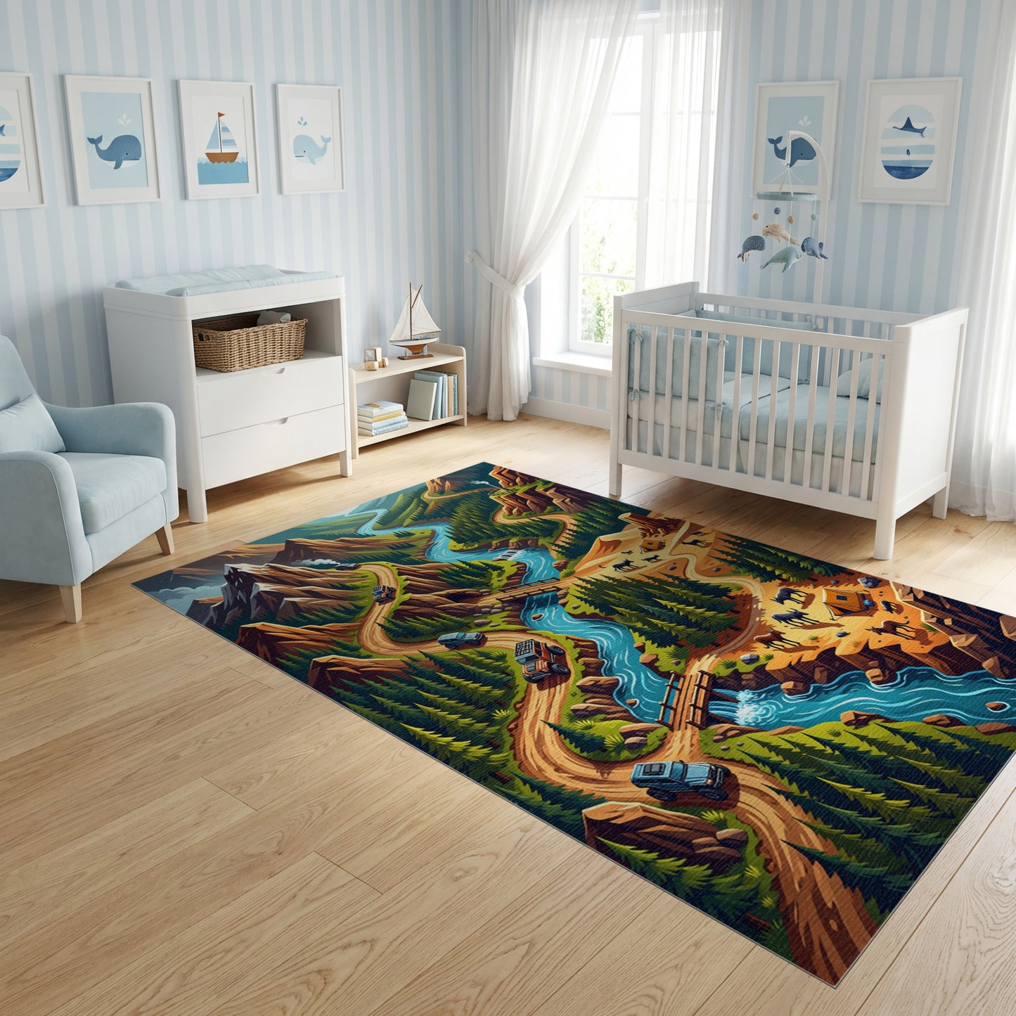 Vibrant Winding River Mountain Forest Rug