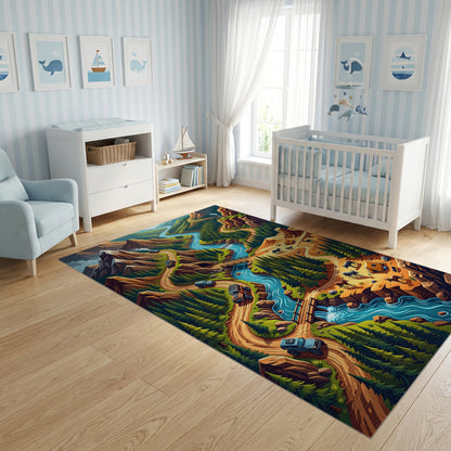 Vibrant Winding River Mountain Forest Rug