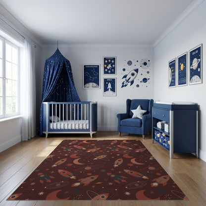 Maroon Cosmic Rocket Moon Star Rug