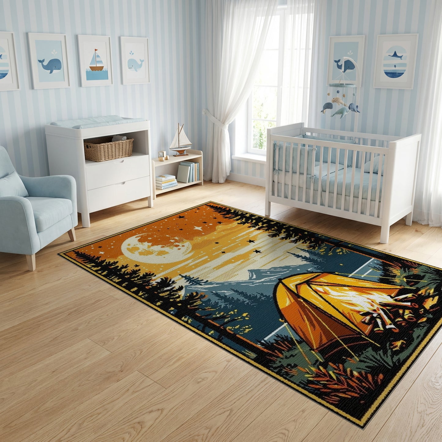 Retro Moonlit Campfire Tent Forest Rug