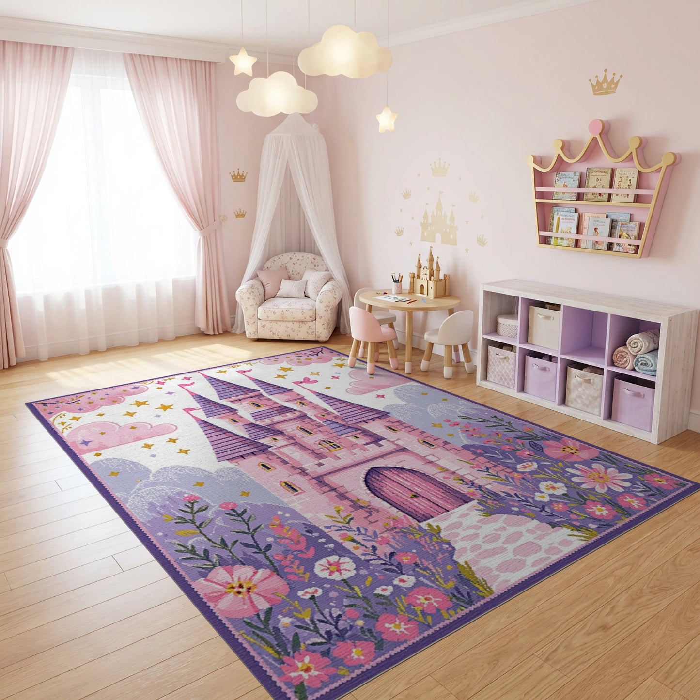 Whimsical Pink Purple Castle Floral Rug