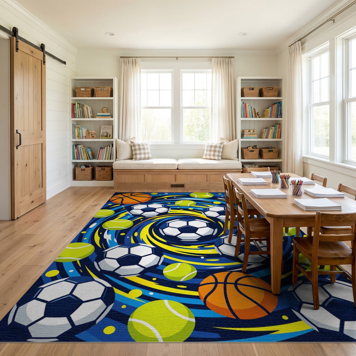 Vibrant Swirling Basketball Soccer Tennis Rug