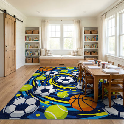 Vibrant Swirling Basketball Soccer Tennis Rug