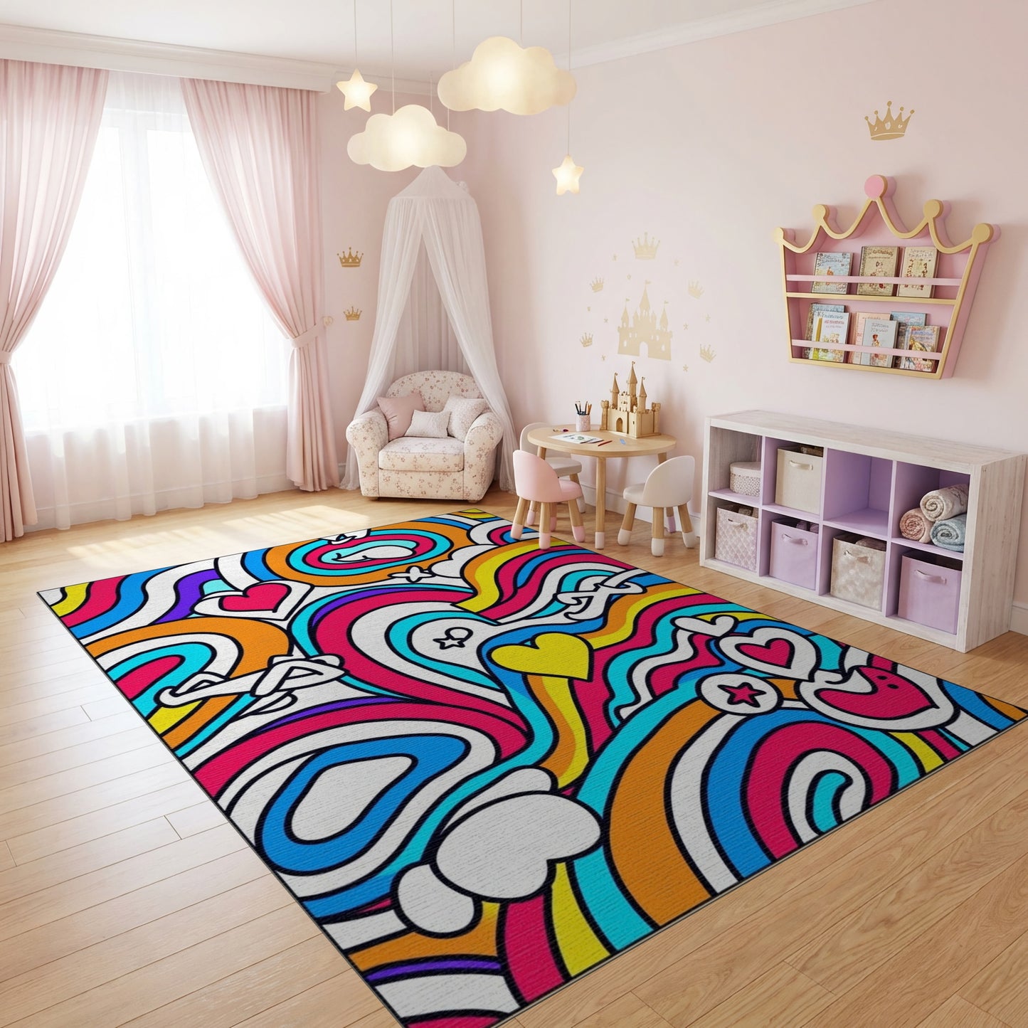 Vibrant Rainbow Wavy Hearts Stars Rug