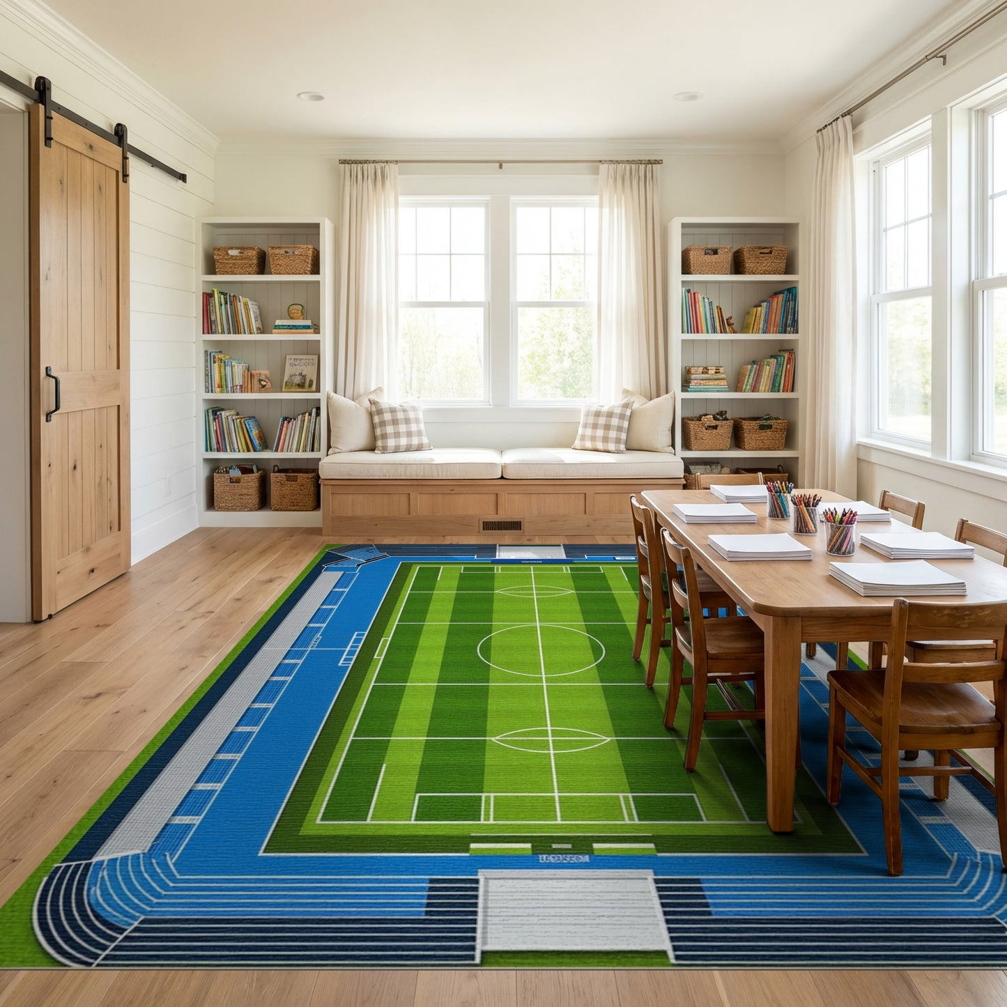 Modern Blue Green Soccer Stadium Rug
