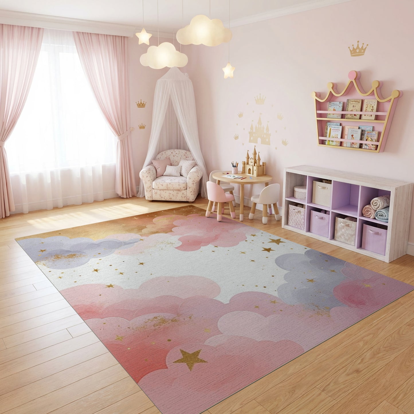 Dreamy Pastel Clouds Gold Stars Rug