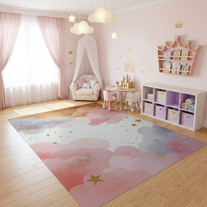 Dreamy Pastel Clouds Gold Stars Rug