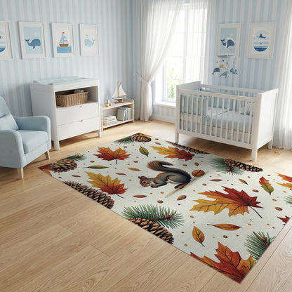 Whimsical Autumn Squirrel Pinecone Leaf Rug