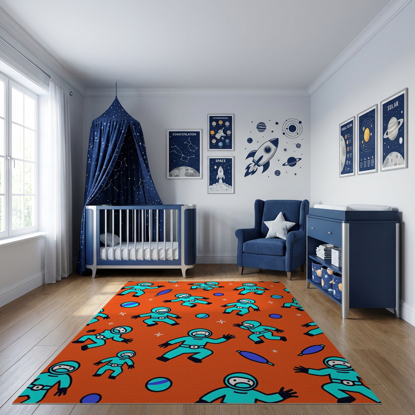 Playful Cyan Astronauts Orange Stars Rug