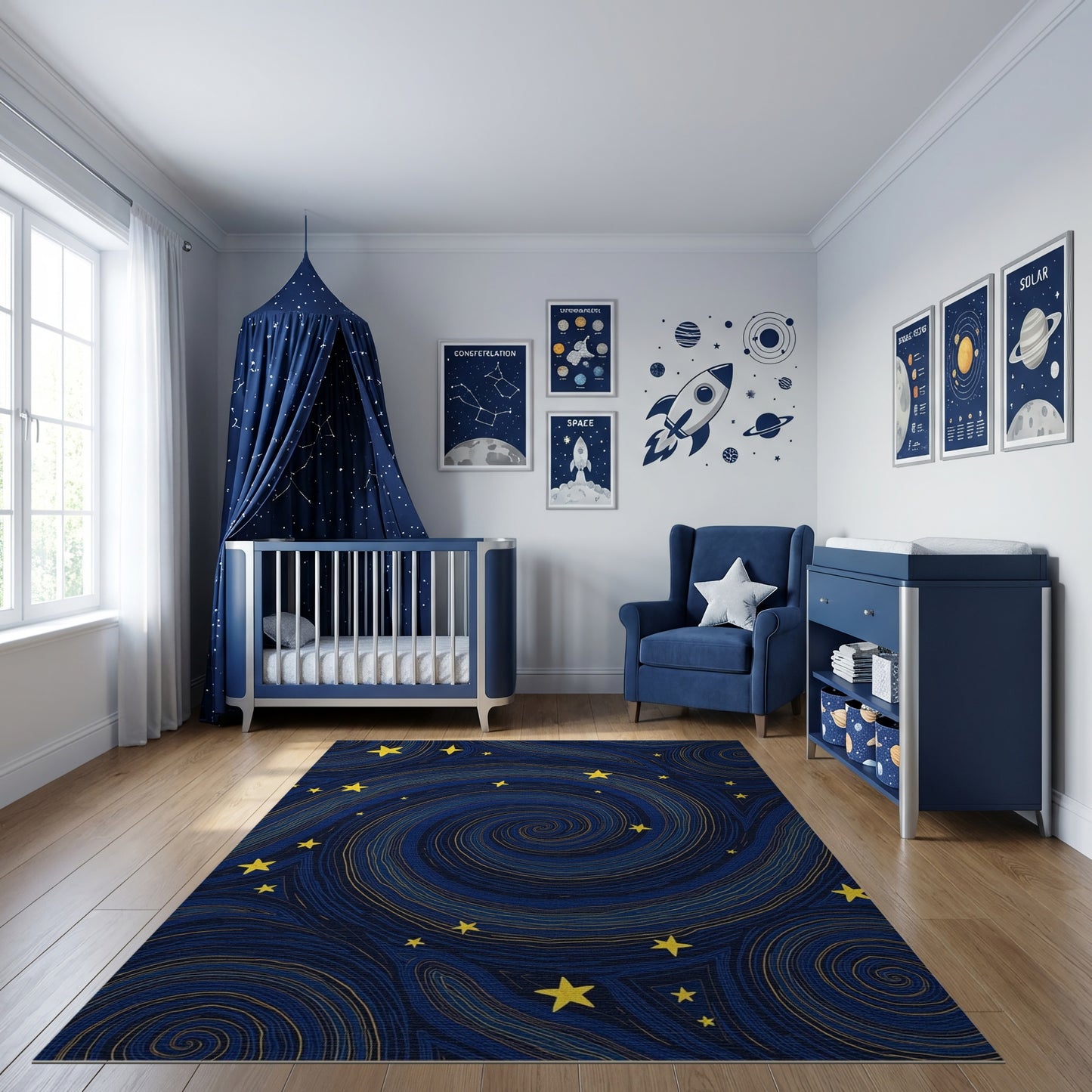 Navy Swirling Spirals Golden Stars Rug