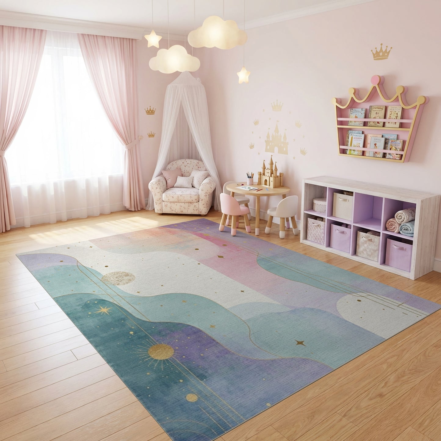 Ethereal Teal Purple Starry Waves Rug