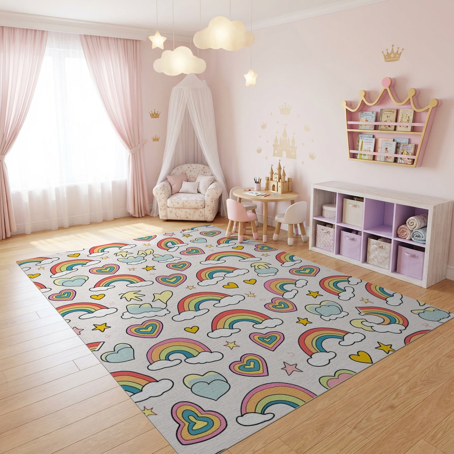 Whimsical Rainbow Hearts Stars Clouds Rug