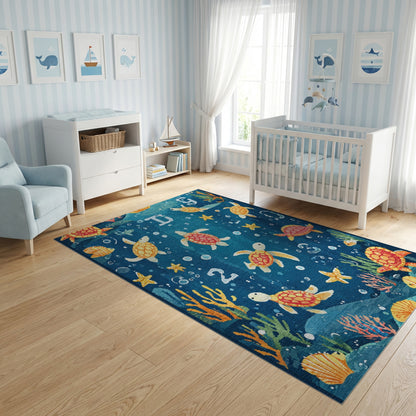 Vibrant Orange Turtles Bubbles Stars Rug