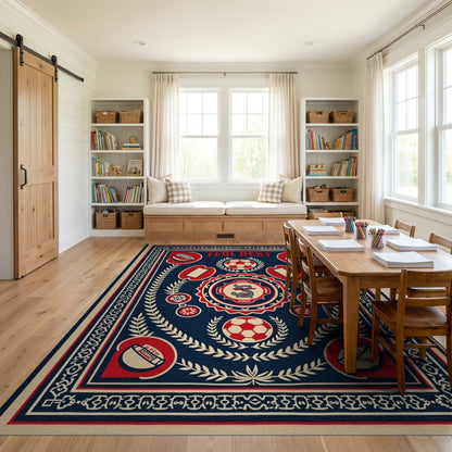 Vintage Navy Red Soccer Emblem Rug