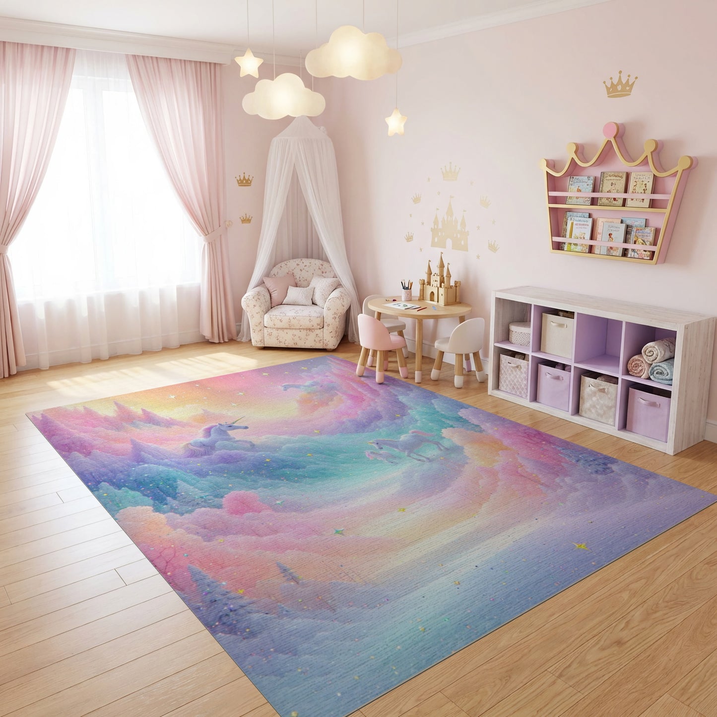 Dreamy Pastel Unicorn Mountains Stars Rug
