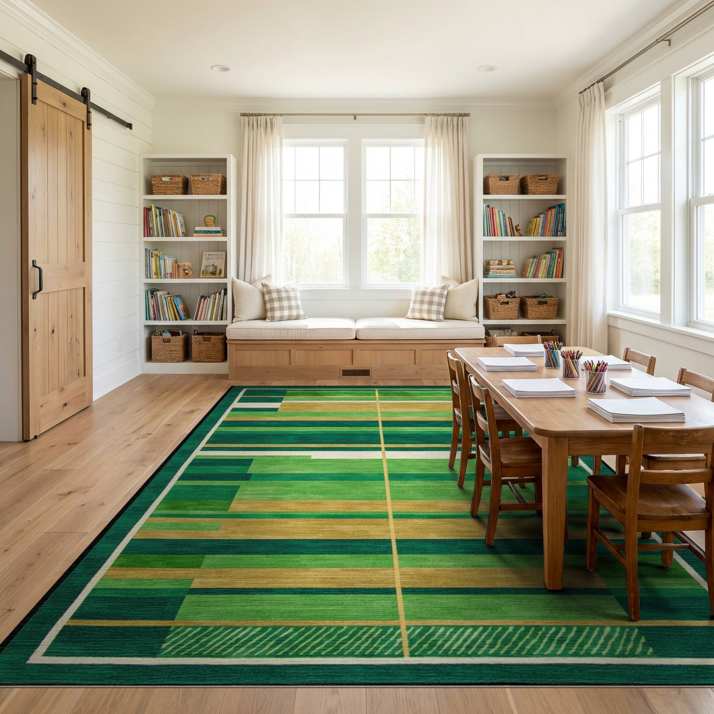 Modern Green Gold Striped Geometric Rug