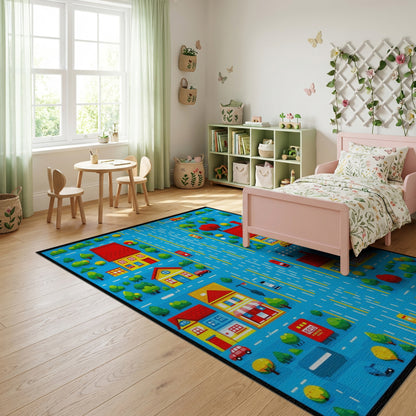 Playful Colorful Village Street Scene Rug