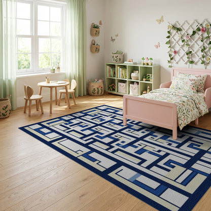 Modern Navy and Cream Lattice Rug