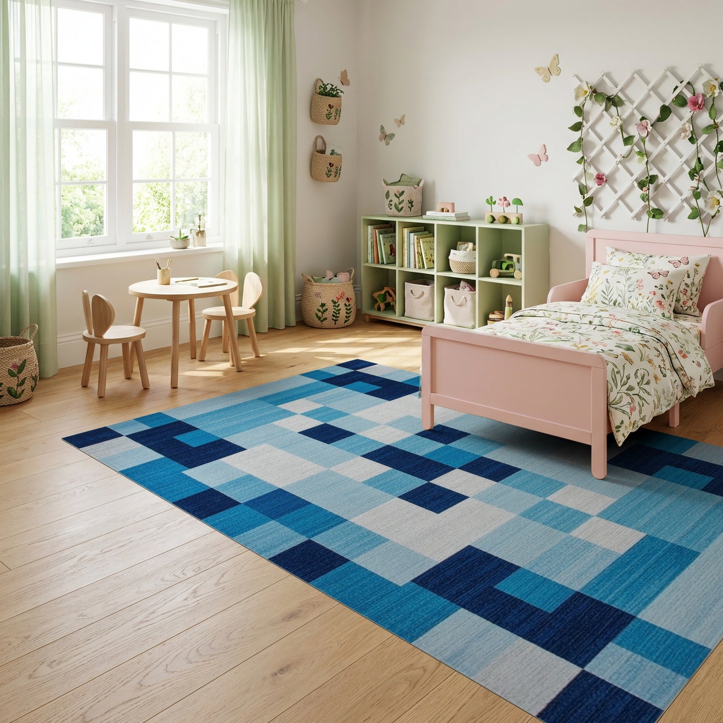 Modern Navy White Geometric Blocks Rug