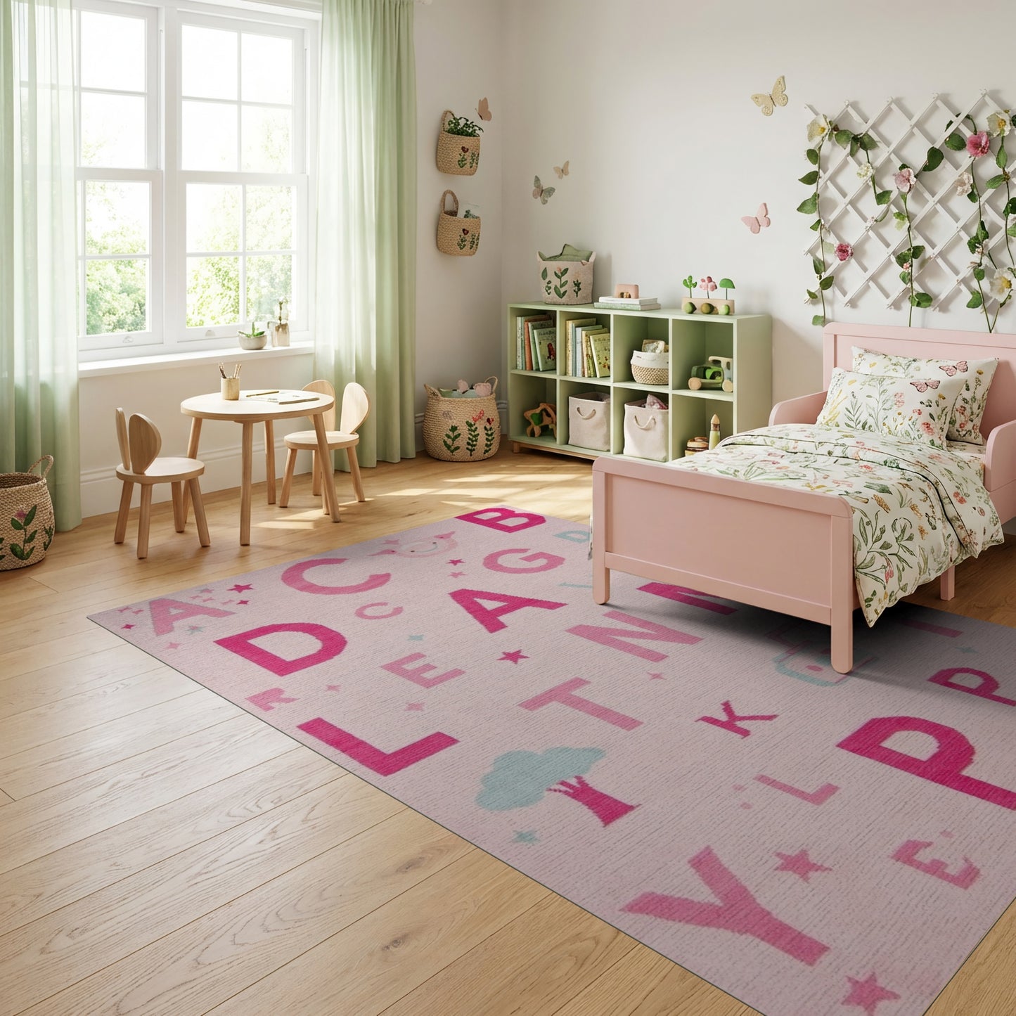 Playful Pink Alphabet Pig Stars Rug