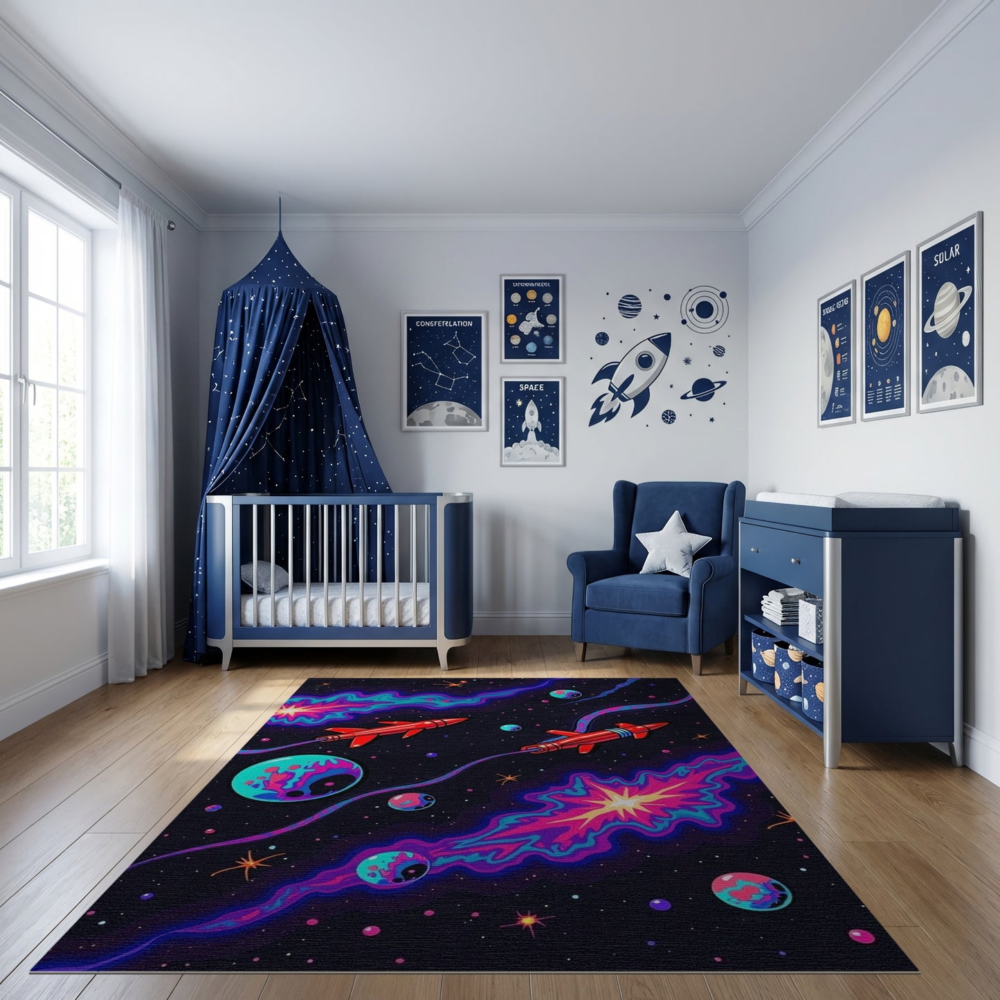 Retro Red Rockets Cosmic Nebulae Rug