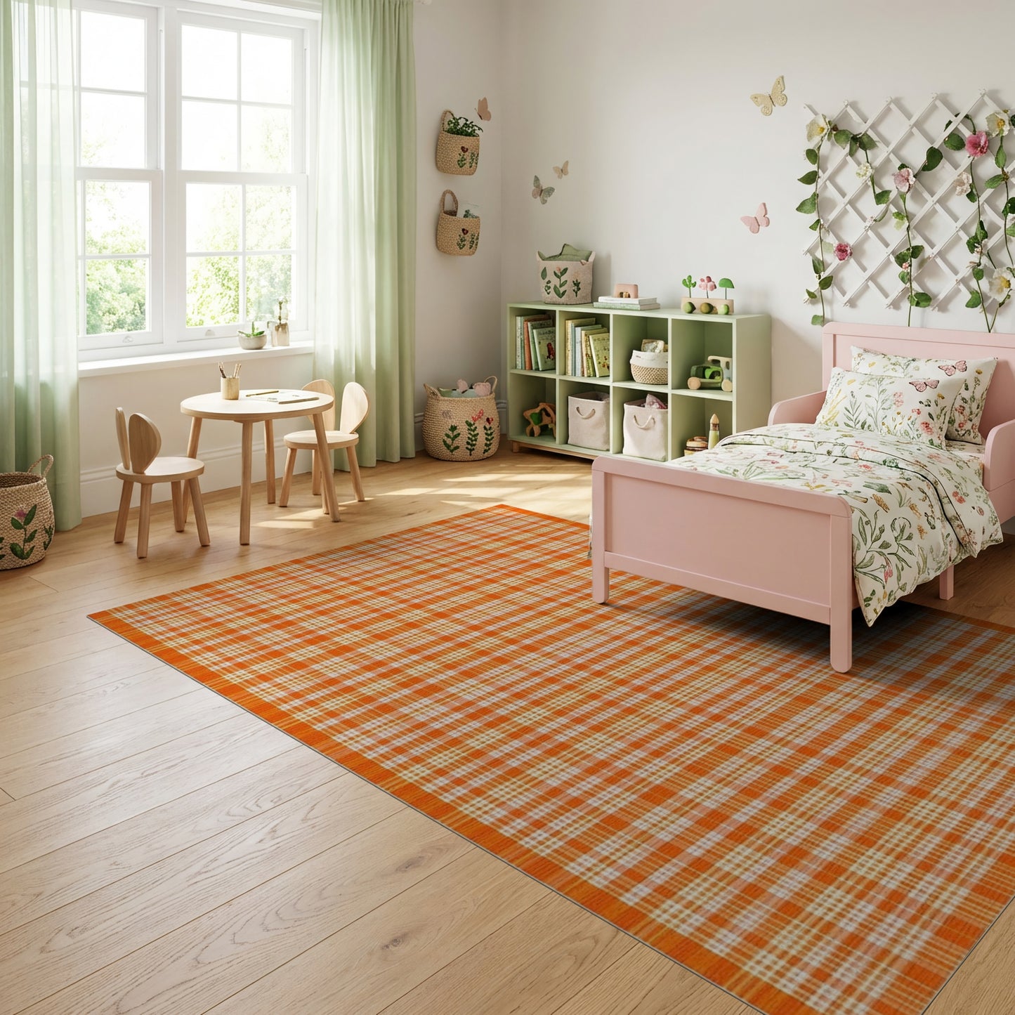 Vibrant Orange and White Plaid Rug