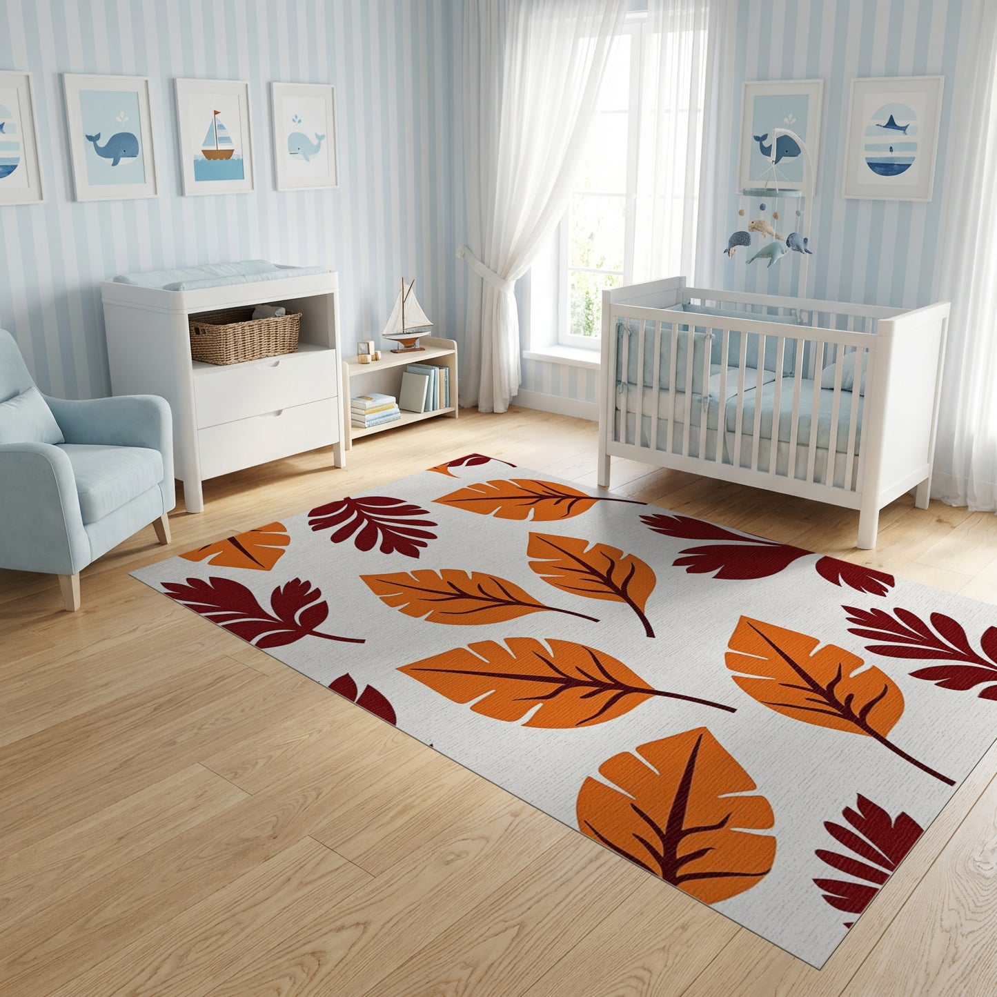 Bold Orange Maroon Tropical Leaves Rug