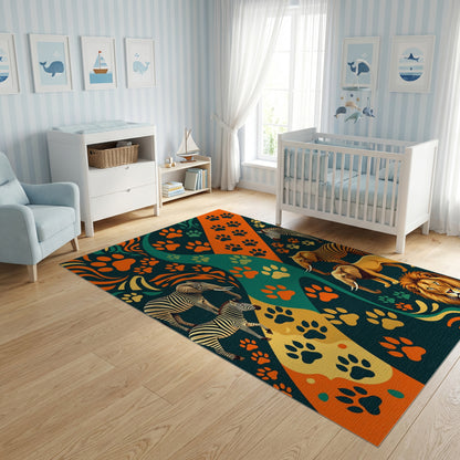 Vibrant Paw Prints Zebras Elephants Lion Rug